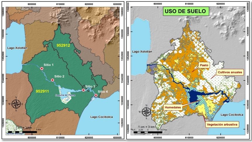 Sitios muestreados en la cuenca del río Tipitapa (octubre
2016 y febrero 2017) y uso actual del suelo de la zona de inter lagos.