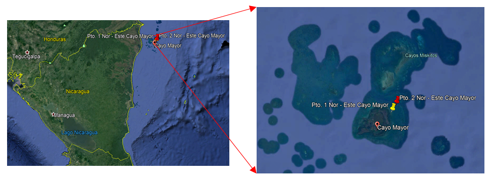 Ubicación de los puntos de muestreo para la recolecta de muestras de agua en
Cayos Miskitos (RAAN). 

 